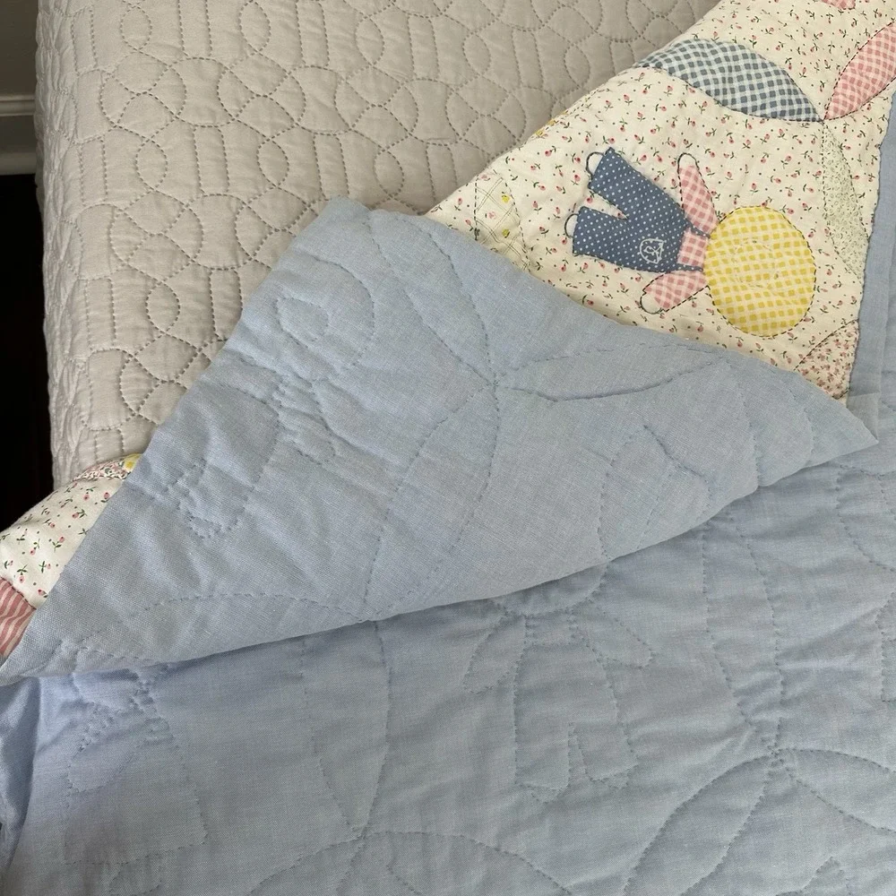 Vintage Sunbonnet Sue Sam Quilt Handmade Hand stitched Cotton Blue Pink Yellow